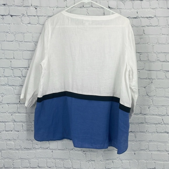 J. Jill 100% Linen Lagenlook Lightweight Color Block White Blue Shirt - Picture 2 of 5